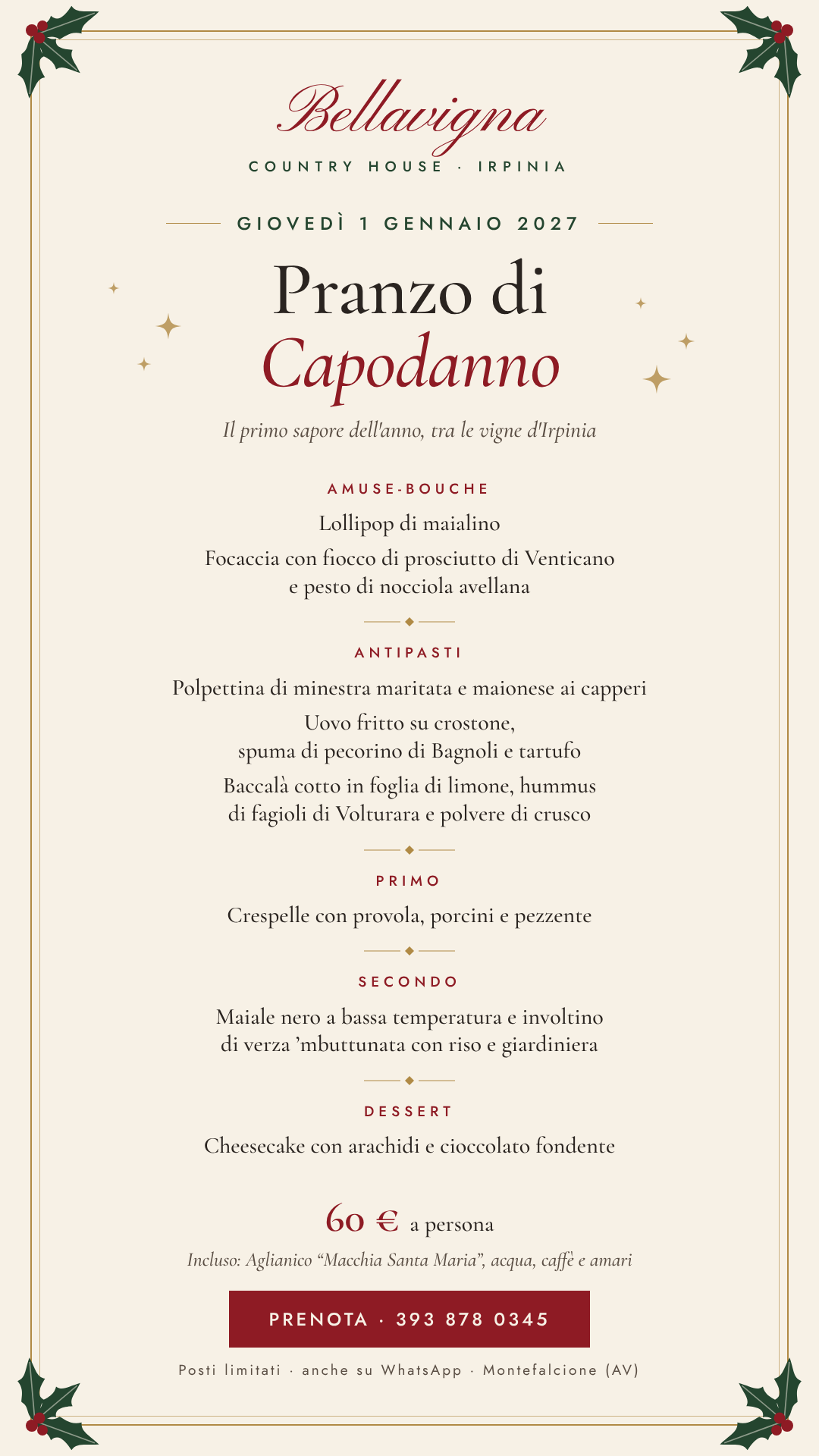 Poster of Bellavigna's New Year's Day lunch on 1 January 2027 with the full menu, €60 per person